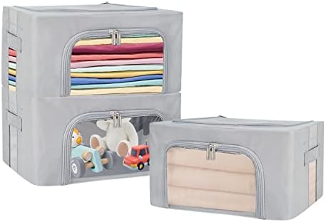 UUBEMM Clothes Storage Bins with Foldable Sturdy Frame,Stackable Storage Box for Closet Shelf Organizers for Seasonal Clothing,Blankets,Towel Bed Sheets,Toys Gift Others (Small -22L x3PACK, Grey) by UUBEMM