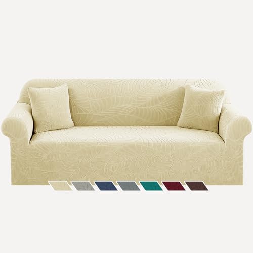 YEMYHOM Couch Cover Latest Jacquard Design High Stretch Extra Large Sofa Covers Pet Dog Cat Proof Oversized Slipcover Non Slip Magic Elastic Furniture Protector (X-Large, Begonia Leaf Beige) by YEMYHOM
