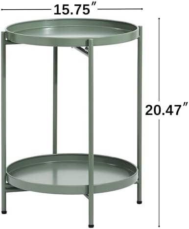 2-Tier Round End Side Table, Small Metal Side Table with Removable Tray, Folding Accent Tables for Living Room, Balcony, Nightstand for Bedroom, Outdoor Tables for Patio, Sage Green - Image 3