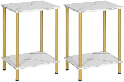 HOOBRO End Tables Set of 2, Small Side Table, Nightstand with 2-Layer Storage Shelves, Sofa Table for Small Spaces, Living Room, Bedroom, Stable Frame, Easy Assembly, Gold and Marble DM09BZP201 by HOOBRO
