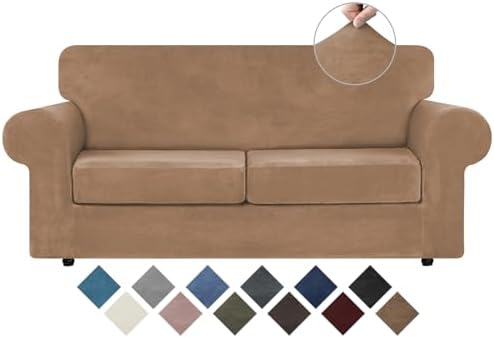 WEERRW Velvet Stretch 3 Pieces Couch Cover for Sofa Washable, Camel by WEERRW
