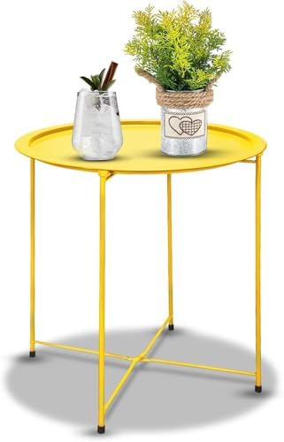 Garden 4 you Small Side Table, Round End Table, Outdoor Side Table with Metal Frame, Bedside Table for Living Room, Bedroom, Patio, Small Space, Yellow by Garden4you