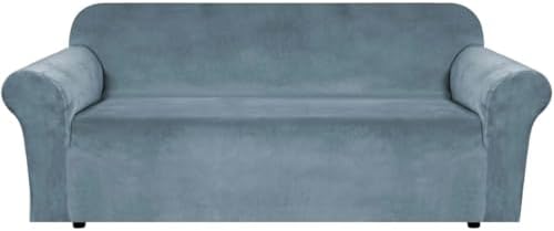 H.VERSAILTEX Stretch Velvet Sofa Covers for 3 Cushion Couch Covers Furniture Protector Soft with Non Slip Elastic Bottom, Crafted from Thick Comfy Rich Velour (Large Sofa 90"-97", Stone Blue) by HVERSAILTEX
