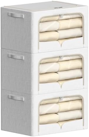 FHSQX 3 Pack Clothes Storage Bins Foldable Metal Frame Storage Box Stackable Linen Fabric Container Organizer Set with Carrying Handles and Clear Window (Cream White, 15.7x11.8x7.8inch(22L)) by FHSQX