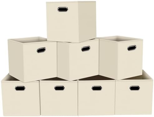 Fabric storage bins Cubes, Fabric Cube Organizer with Handle, Foldable Cube Bins for Cloth or Accessary Storage, 11x11x11, Set of 8, (Creamy White) by Yunkeeper