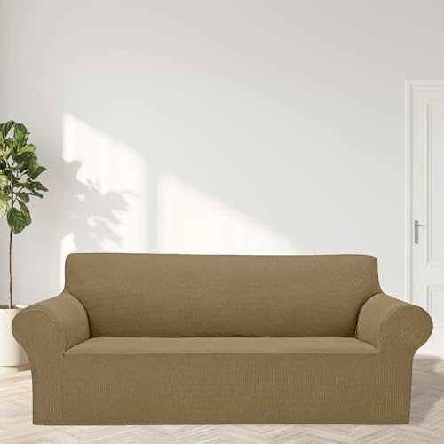 Cupuamon 2026 New Stretch Sofa Slipcovers Couch Cover for 3 Cushion Furniture Protector Sofa Covers with Elastic Bottom Jacquard Fabric Small Checks for Pets, Kids -Sofa, Tan - Image 3