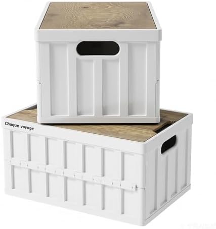 2 Pack White 50L Collapsible Storage Crate Wooden Lid Stackable Bin for Garage RV Car - Image 5
