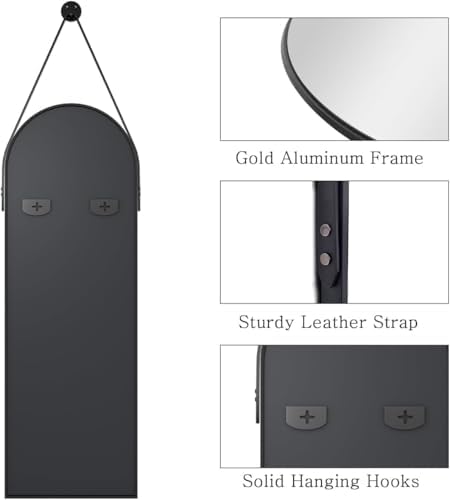 48"x16" Hanging Mirror with Leather Strap,Arched Full Length Mirror with Aluminum Frame Wall-Mounted Hanging Mirrors for Bathroom Vanity Living Room Bedroom Entryway Décor, Black - Image 5