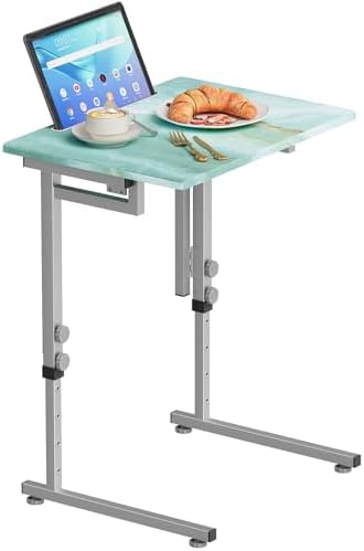 Folding Tv Tray Table,6 Height Adjustable Dinner Snack Slide Under Couch Side Table, Portable Foldable C-Shaped End Table for Eating with Sturdy MDF Top,No Assembly(Sea Blue+Silver) by Katrawu