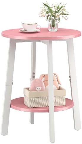 sthmec Side Table, Small Round End Table with Storage Shelf for Small Space, 2-Tier Bedside Table Sofa Couch Table, Round Accent Table Nighstands for Living Room, Bedroom, Pink by Unknown