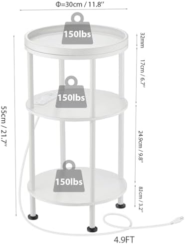 Small Round End Table with Charging Station, 3-Tier Accent Couch Beside Table with USB Ports & Power Outlets, Sofa Side Table for Living Room Small Nightstand Bedroom (USB Charger, White) - Image 3