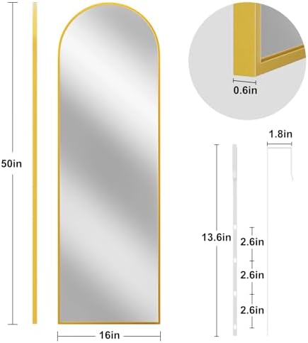 Rowjut Full Length Door Mirror, Wall Mounted Wall Mirrors, 50"X16" Arched Behind Door Mirror for Use in Living Rooms, Rooms, Bedrooms, Cloakrooms, etc. Durable & Stylish Home Decor (Gold). - Image 6