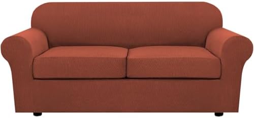 H.VERSAILTEX 3 Piece Stretch Sofa Covers for 2 Cushion Sofa Couch Covers for Living Room Sofa Slipcovers (Base Cover Plus 2 Seat Cushion Covers) Thicker Jacquard Fabric(Large Sofa, Rust) by HVERSAILTEX