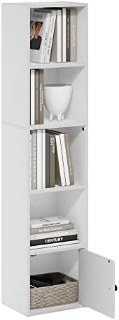 Furinno LUDER Book Shelf, 5-Tier Modern Bookshelf, Bookcase with 1 Door Storage Cabinet, 9.3 x 12 x 52, for Organization and Storage, for Living Room, Bedroom, Home Office, White by Furinno-FitsYourSpaceFitsYourBudget