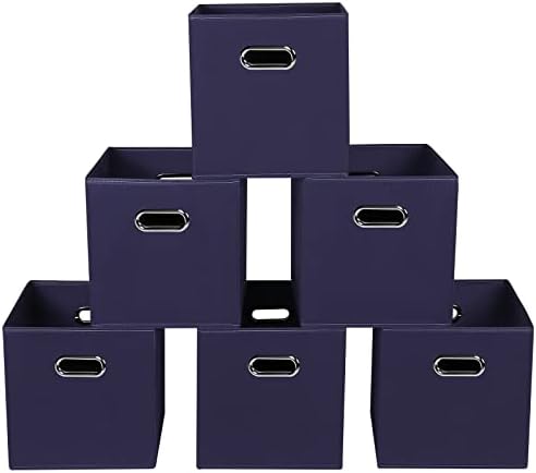 Navy Blue Fabric Storage Bins, 11x11x11, Set of 6, Foldable Cube Bins for Cloth or Accessory Storage by Yunkeeper