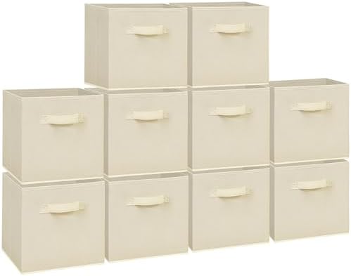 11 Inch Fabric Storage Cubes, Sturdy Foldable Storage Bins, Heavy Duty Cube Organizer for Clothes, Blankets, Shelves, Closets, Bedroom, Living Room, Beige, 10 Pack by Unknown