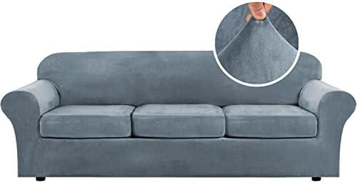 H.VERSAILTEX Velvet 4 Piece High Stretch Sofa Slipcover Cover Furniture Protector Form Fit Luxury Thick Velvet Extra Large Sofa Cover for 3 Cushion Couch Width Up to 105 Inch(XL Sofa, Stone Blue) by HVERSAILTEX