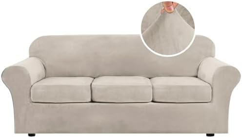 H.VERSAILTEX Modern Velvet Plush 4 Piece High Stretch Sofa Slipcover Sofa Cover Furniture Protector Form Fit Thick Velvet Sofa Cover for 3 Cushion Couch Width Up to 90 Inch (Sofa, French Oak) by HVERSAILTEX