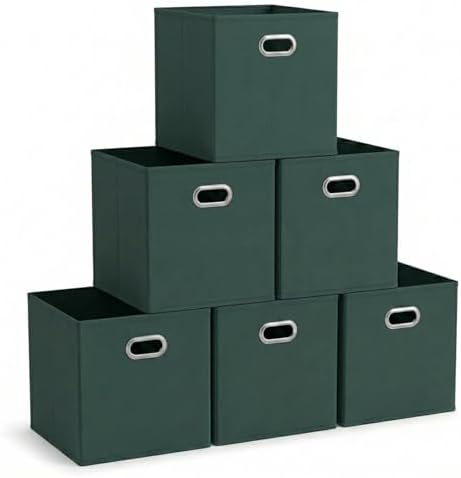 Household Essentials Foldable Fabric Storage Cubes 6-Pack – 11x11x11 Stackable Non-Woven Bins with Chipboard Sides & Grommet Handles – Closet, Shelf, Nursery, or Office Organizer – Dark Green by HouseholdEssentials