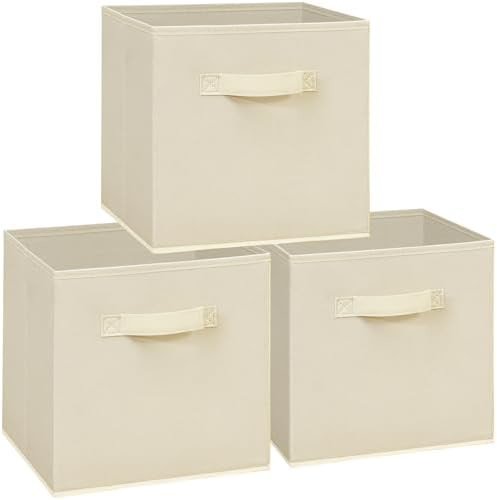 11 Inch Fabric Storage Cubes, Sturdy Foldable Storage Bins, Heavy Duty Cube Organizer for Clothes, Blankets, Shelves, Closets, Bedroom, Living Room, Beige, 3 Pack by Unknown