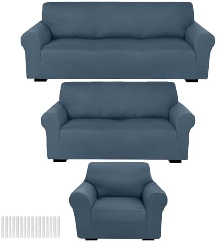 Peryiter 3 Pcs Couch and Loveseat Sofa Covers, Bluestone, Milk Silk by Peryiter