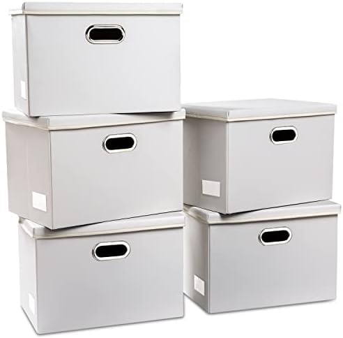PRANDOM Large Stackable Storage Bins with Lids [5-Pack] Leather Fabric Foldable Storage Boxes Organizer Containers Baskets Cube with Cover for Bedroom Closet Office Nursery White (17.7x11.8x11.8) by Prandom