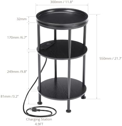 Small Round Side Table with Charging Station, Black - Image 2