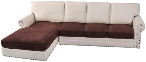 H.VERSAILTEX Velvet Stretch Sectional Couch Covers - 4 Piece L Shape Sofa Seat Cushion Set for 3 Seater + 1 Chaise (Brown) by HVERSAILTEX