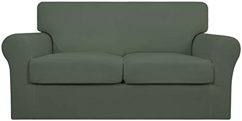 Easy-Going 3 Pieces Stretch Soft Couch Cover for Dogs - Washable Sofa Slipcover for 2 Separate Cushion Couch - Elastic Furniture Protector for Pets, Kids (Loveseat, Greyish Green, Medium) by Easy-Going