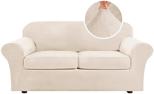 H.VERSAILTEX Real Velvet Plush 3 Piece Stretch Sofa Covers Couch Covers for 2 Cushion Couch Sofa Slipcovers Width Up to 90 Inch Feature Thick Soft Stay in Place (Sofa, Cream) by HVERSAILTEX