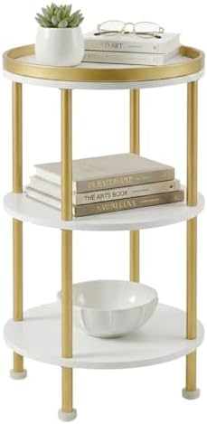 Small Round Side Table, White & Gold, 3-Tier Modern Side Table by Zexvida