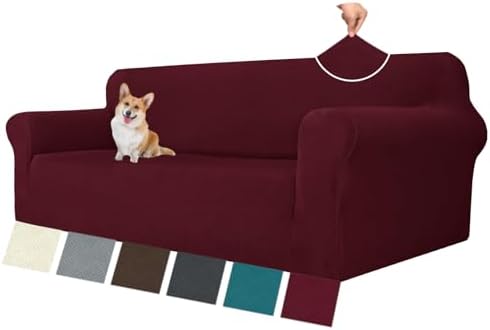 MAXIJIN Stretch Oversized Couch Covers for 3 Cushion Couch (91"-110"), 1-Piece Large Sofa Cover Slipcover Furniture Protector for Kids,Dogs (Extra Large, Diamond Pattern Wine Red) by MAXIJIN