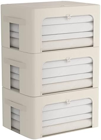 CYhom 3Pack Frame Storage Box - Clothes Storage Bin Bags Oxford Fabric Foldable Stackable Container Organizer Set with Clear Window & Carry Handles (Beige, Medium-44L) by CYhom