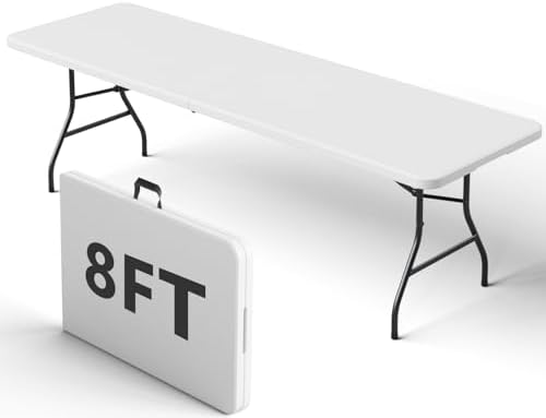 8FT Folding Table, Heavy Duty Plastic Fold-in-Half Utility Table with Handle, Portable Camping Picnic Table with Steel Legs for Indoor Outdoor Party, Dining, White by FoldingFurniture