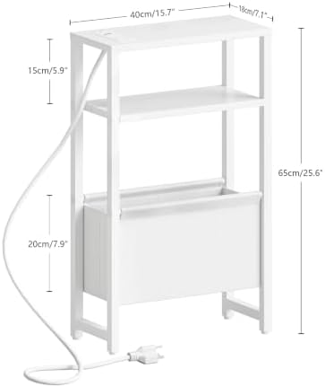 Narrow Side Table with Charging Station Slim End Table Sofa with Magazine Rack, Bedside Table for Small Spaces, 3 Tier Nightstand for Living Room Couch, Bedroom White LET503WE - Image 3