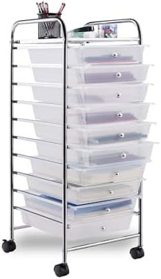 10-Drawer Rolling Storage Cart, Trolley w/Lockable 360° Wheels, 10 Removable PP Drawers, Sturdy Metal Frame, Rolling Utility Cart Perfect for Home, Office, Classroom (Clear) by BUYNOW