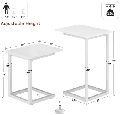 Vagusicc C Shaped End Table, 33"C Table End Table Adjustable Height, Small Side Table for Couch, Tv Tray Table for Small Spaces, Couch Table That Slide Under, Sofa Table for Living Room,Bedroom, White - Image 3