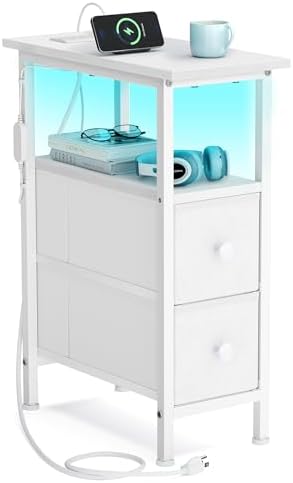 SONGMICS Side Table with LED Light, Narrow End Table with 2 Fabric Drawers by SONGMICSbySONGMICSHOME