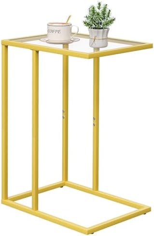 C Table Side End Table, Small C Shaped Table for Sofa,Glass Couch Sofa Tray Snack Table for Living Room, Bedroom,TV Tray Table for Small Space,Accent Coffee Table,Nightstand with Metal Frame(Yellow) by Easy+Paws