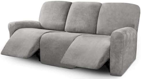 ULTICOR Velvet 8-Pieces Recliner Sofa Covers Stretch Reclining Couch Covers for 3 Cushion Reclining Sofa Slipcovers Furniture Covers Thick Soft Washable (3 Seater Recliner Cover, Light Grey) by ULTICOR