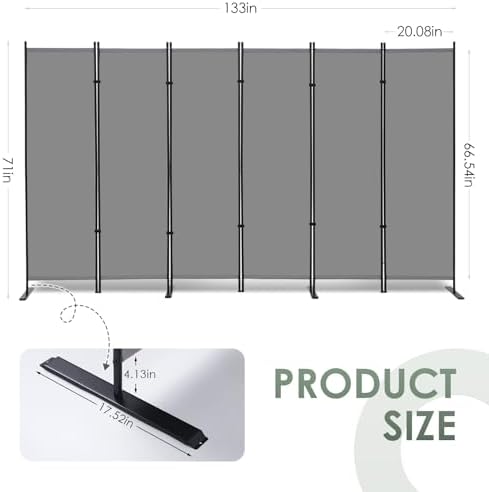 RANTILA 6 Panel Room Divider, 6 FT Folding Privacy Screen with Wide Feet, Freestanding Partition for Room Separation, Portable Room Divider Panel, 133" W x 71" H, Grey - Image 3