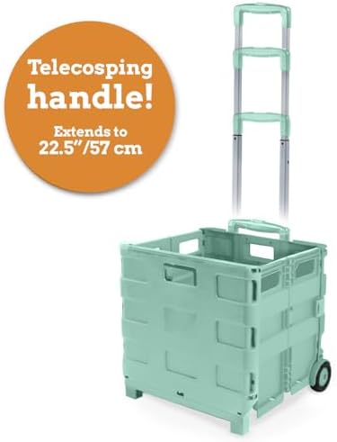 Inspired Living Ultra-Slim Rolling Collapsible Storage Pack-N-Roll Utility-carts, with Telescopic Handle, for Home, Garden, Shopping, Office, School use, Large, Mint - Image 4