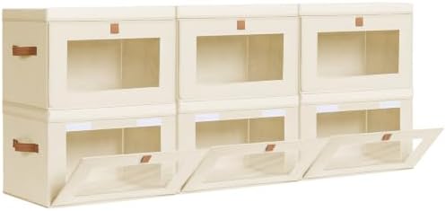 Homsorout Storage Bins with Lids - Front Opening Storage Box with Clear Window & Handles, Stackable Foldable Fabric Bins for Closet Organization, Clothes, Sweaters, Towels, Blankets, 6 Pack, Beige by Homsorout