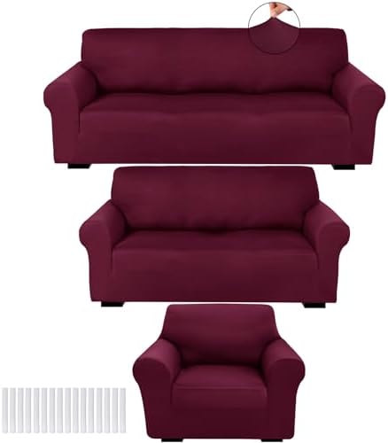 Peryiter 3 Pcs Couch and Loveseat Sofa Covers,Burgundy,Milk Silk by Peryiter