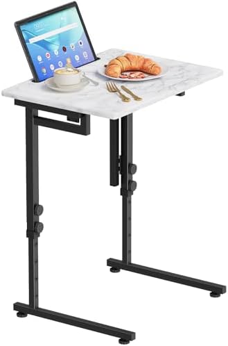 Adjustable Height Tv Tray Table,Portable Folding Tv Dinner Snack Table,Small Foldable C-Shaped End Table for Eating,Slide Under Couch Side with Sturdy MDF Top,No Assembly(White Marble+Black) by Katrawu