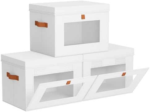 Homsorout Storage Bins with Lids - Front Opening Storage Box with Clear Window & Handles, Stackable Foldable Fabric Bins for Closet Organization, Clothes, Sweaters, Towels, Blankets, 3 Pack, White by Homsorout