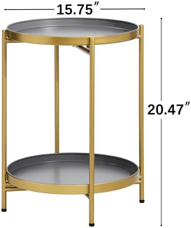 2-Tier Round End Side Table, Small Metal Side Table with Removable Tray, Folding Accent Tables for Living Room, Balcony, Nightstand for Bedroom, Outdoor Tables for Patio, Gold&Grey - Image 3