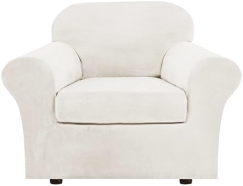 H.VERSAILTEX Rich Velvet Stretch 2 Piece Chair Cover Chair Slipcover Sofa Cover Furniture Protector Couch Soft with Elastic Bottom Chair Couch Cover Width Up to 49 Inch (Chair, Porcelain White) by HVERSAILTEX