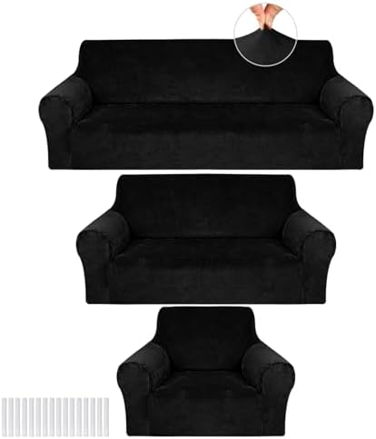 Peryiter 3 Pcs Couch and Loveseat Sofa Covers,Black,Velvet by Peryiter