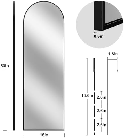 Rowjut Full Length Door Mirror, Wall Mounted Wall Mirrors, 50"X16" Arched Behind Door/Full Length Mirror for Use in Living Rooms, Rooms, Bedrooms, Cloakrooms, etc. (Black) - Image 3